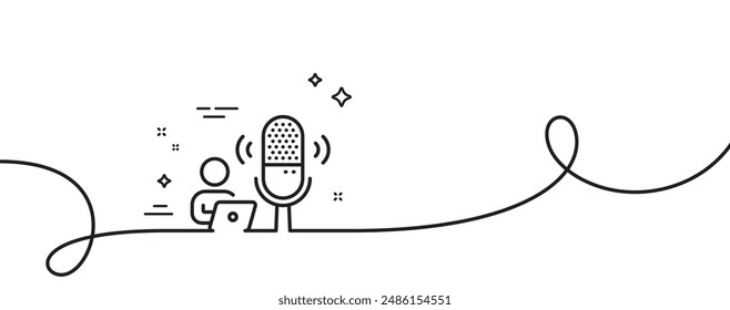 Podcast line icon. Continuous one line with curl. Studio mic sign. Voice record microphone symbol. Podcast single outline ribbon. Loop curve pattern. Vector