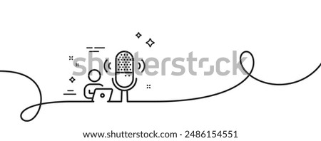 Podcast line icon. Continuous one line with curl. Studio mic sign. Voice record microphone symbol. Podcast single outline ribbon. Loop curve pattern. Vector