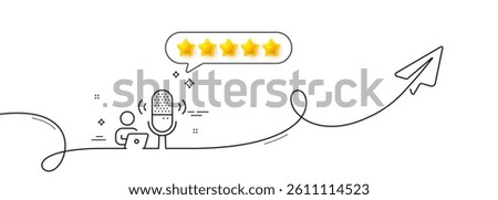 Podcast line icon. Continuous line with share plane. Studio mic sign. Voice record microphone symbol. Five star rate review in speech bubble. Podcast single line ribbon. Loop curve pattern. Vector
