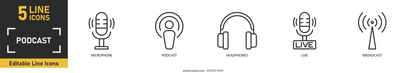 Conjunto de ícones da linha de podcast. Conjunto de 5 ícones de tópicos relacionados a microfone, podcast, fones de ouvido, ao vivo, transmissão e muito mais. Ilustração vetorial.