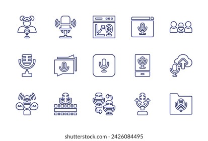 Podcast line icon set. Editable stroke. Vector illustration. Containing podcast, voice, microphone, upload, conversation, folder, chat, cinematographic.