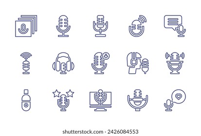Podcast line icon set. Editable stroke. Vector illustration. Containing mic, microphone, podcast, podcaster, library, download.