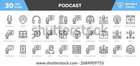 Podcast Line Icon Set - Microphone, Headphones, Audio, Mixer Vector Illustration