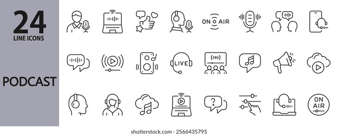 Podcast line icons set with Audio, Microphone, Live, Streaming, Voice, Podcaster, Broadcasting, Sound and more. Editable Stroke