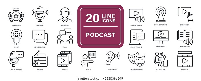 Podcast line icons. For website marketing design, logo, app, template, ui, etc. Vector illustration.
