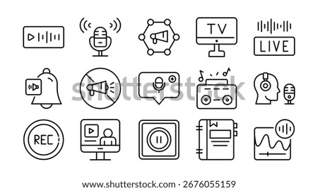 Podcast linear icon set. Audio, broadcasting, microphone, streaming, show, radio, communication, media, recording, episodes, vector outline icon set. UI thin line icon pack