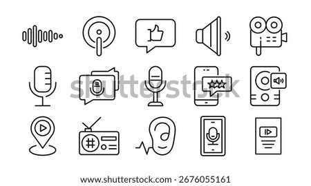 Podcast linear icon set. Audio, broadcasting, microphone, streaming, show, radio, communication, media, recording, episodes, vector outline icon set. UI thin line icon pack