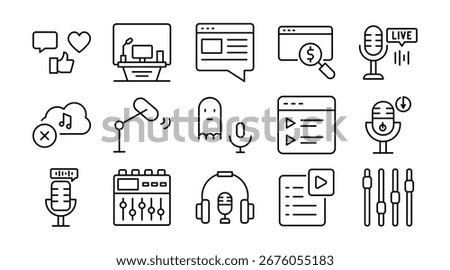 Podcast linear icon set. Audio, broadcasting, microphone, streaming, show, radio, communication, media, recording, episodes, vector outline icon set. UI thin line icon pack