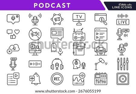 Podcast linear icon set. Audio, broadcasting, microphone, streaming, show, radio, communication, media, recording, episodes, vector outline icon set. UI thin line icon pack