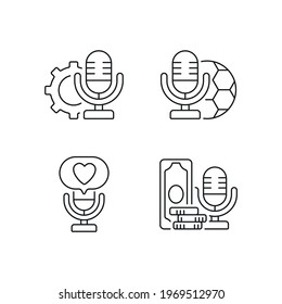 Podcast linear icons set. Microphone. Thin line customizable illustration. Contour symbol. Vector isolated outline drawing. Editable stroke