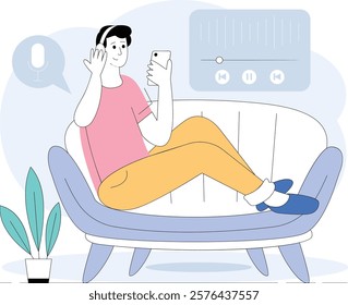 Podcast Listener Sitting on couch Enjoying concept, Person using sleek device to explore variety of shows vector design, Slice of life journalism scene, Web television series banner stock illustration