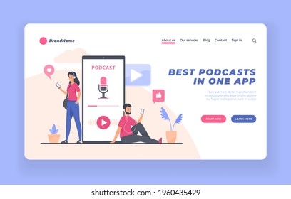 Podcast listener, webinar, online training, audiobook concept. Landing page website banner vector template, poster, advertising. Male and female characters listening to podcast using mobile app