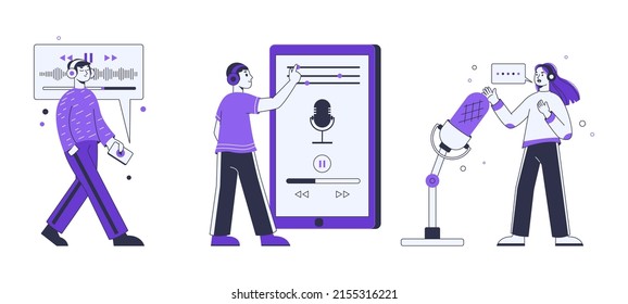 Podcast listeners and radio hosts outline flat characters. Podcast interview broadcast, audio talk show vector symbols illustration set. People listen podcast records