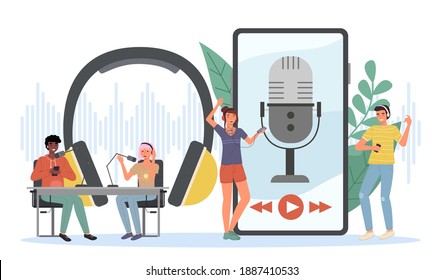 Podcast listening. Happy young people listen online radio, recording equipment, man and woman talk live, headphones and microphones in studio, webinar streaming smartphone app. Vector cartoon concept