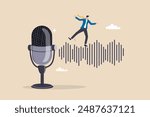 Podcast listening, microphone broadcasting with knowledge learning, personal development or voice communication to success concept, businessman walking on sound wave from podcasting microphone.