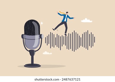 Podcast listening, microphone broadcasting with knowledge learning, personal development or voice communication to success concept, businessman walking on sound wave from podcasting microphone.