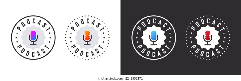 Podcast logo or badge. Podcast sign. Podcast microphone icons. Vector illustration