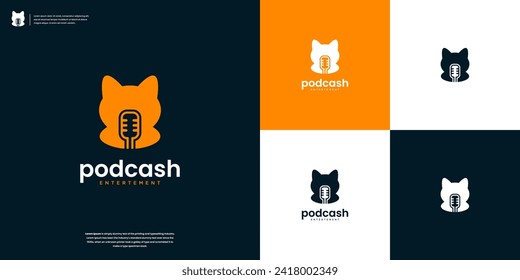 podcast logo and cat doll combination design vector