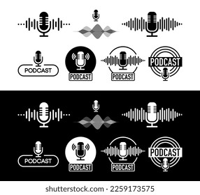 Podcast logo collection in different design. The Podcast radio microphone icon. Studio microphone with webcast. Communication concept. Vector illustration.