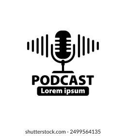 Concepto de logotipo de podcast con Vector de signo de onda aislado sobre fondo blanco. Icono de podcast. Tu podcast de marca. Podcast de radio. Logotipo del micrófono.