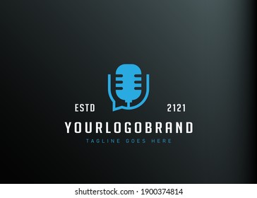 Podcast logo design inspiration. Vector illustration of a microphone in a semicircular chat bubble bag. Modern vintage icon design template with line art style.