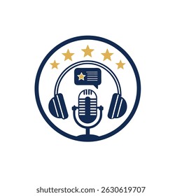 Podcast Logo Design Microphone Headphones and Stars