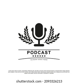 podcast logo design. microphone with two wheat vector illustration