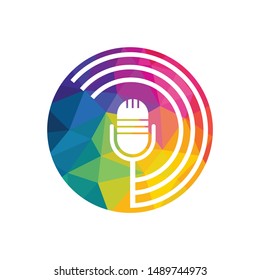 Podcast logo design. Studio table microphone with broadcast icon design.