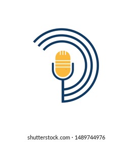 Podcast logo design. Studio table microphone with broadcast icon design.