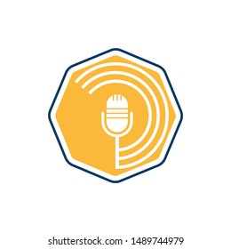 Podcast logo design. Studio table microphone with broadcast icon design.