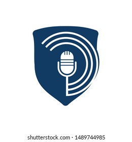 Podcast logo design. Studio table microphone with broadcast icon design.