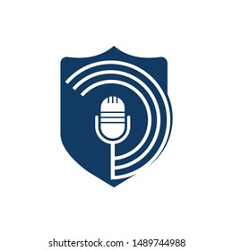 Podcast logo design. Studio table microphone with broadcast icon design.