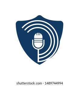 Podcast logo design. Studio table microphone with broadcast icon design.