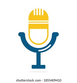 Podcast logo design. Studio table microphone with broadcast icon design.