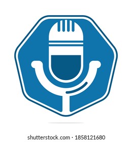 Podcast logo design. Studio table microphone with broadcast icon design.