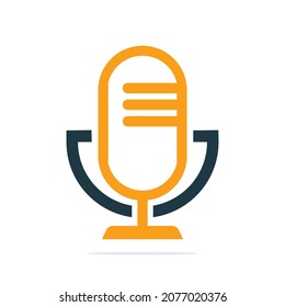 Podcast logo design. Studio table microphone with broadcast icon design.