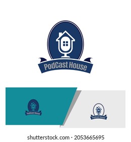 podcast logo emblem with house combined in microphone image