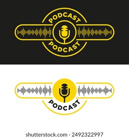 Podcast logo emblema conjunto con forma de onda, iconos de micrófono diseño de Vector en colores negro y amarillo