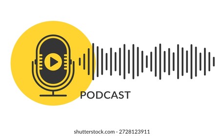 Logotipo del podcast con el ícono del micrófono con el Botón del juego en el círculo amarillo al lado de la forma de onda del sonido