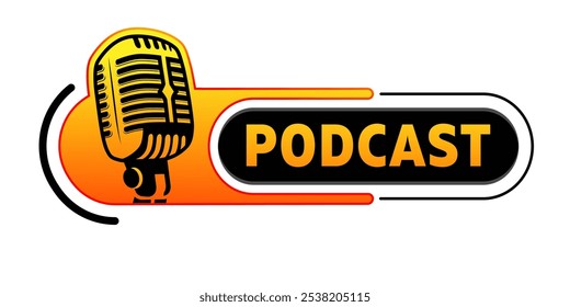 Estilo plano del logotipo del podcast aislado en el fondo blanco. Tu podcast de marca. Logotipo del micrófono. Podcast de radio. Micrófono con voz para anunciar la promoción en segundo plano. 
