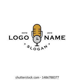 Podcast logo icon. with clock time in middle for internet webdesign and smartphone applications. and business company talk show on air radio studio