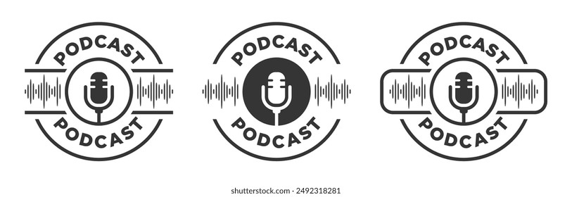 Podcast logo icono micrófono Vector diseño de forma de onda conjunto aislado. Círculo de emblemas de logotipos de podcast con iconos de ondas de sonido en color negro