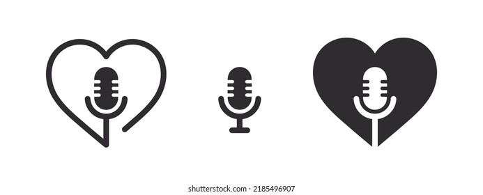 Iconos del logotipo del podcast. Iconos de podcast en forma de corazón. Iconos de micrófono. Ilustración del vector