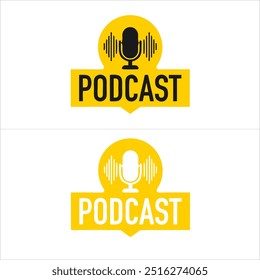 Logotipo de podcast com ilustração de um microfone e vibração, uma combinação de amarelo, branco dan preto adequado para um logotipo de entretenimento de podcast