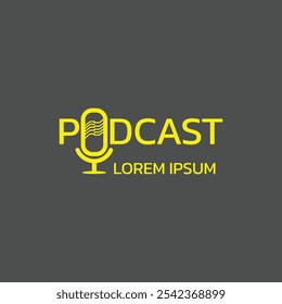 Paisagem do logotipo do podcast plana sobre fundo preto. Podcast da sua marca. Logotipo do microfone.