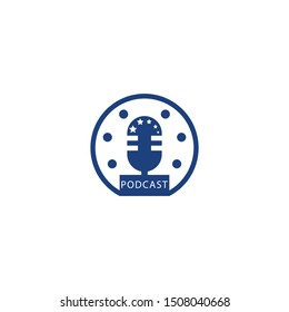 podcast logo with mic and circle shape and stars make this design. unique, modern, simple.