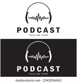 podcast logo with microphone and earphone audio, radio waves. for studio, talk show, chat, information sharing, interview, multimedia and web.