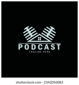 podcast logo with microphone and earphone audio, radio waves. for studio, talk show, chat, information sharing, interview, multimedia and web.