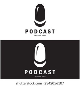 podcast logo with microphone and earphone audio, radio waves. for studio, talk show, chat, information sharing, interview, multimedia and web.