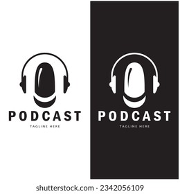 podcast logo with microphone and earphone audio, radio waves. for studio, talk show, chat, information sharing, interview, multimedia and web.